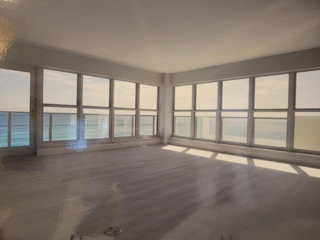 interior space featuring dark hardwood / wood-style flooring and a water view