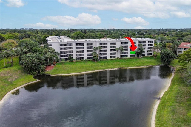 birds eye view of property featuring a water view