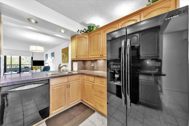 kitchen featuring light tile flooring, black dishwasher, a textured ceiling, tasteful backsplash, and sink