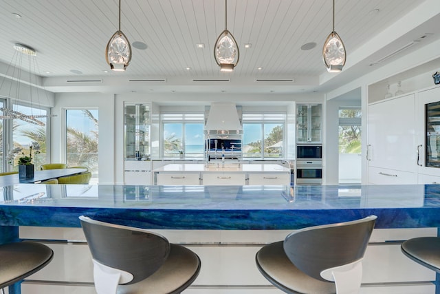 kitchen featuring decorative light fixtures, stainless steel appliances, custom range hood, and a wealth of natural light