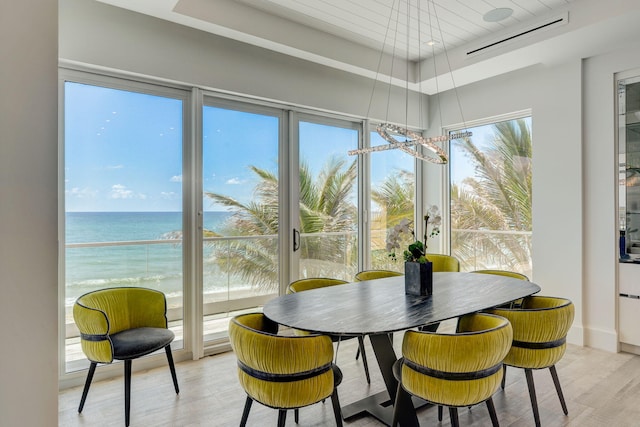 dining space featuring a tray ceiling, a healthy amount of sunlight, a water view, and light hardwood / wood-style flooring