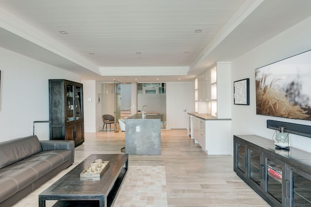 living room with sink, a raised ceiling, and light hardwood / wood-style flooring