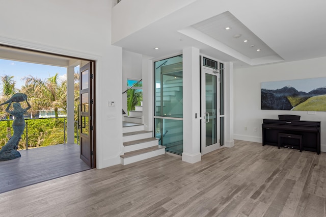 interior space featuring a tray ceiling, hardwood / wood-style flooring, and a towering ceiling