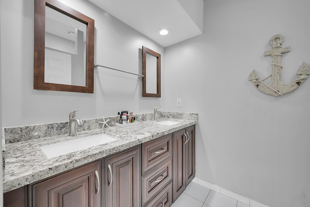 bathroom with tile floors and double sink vanity