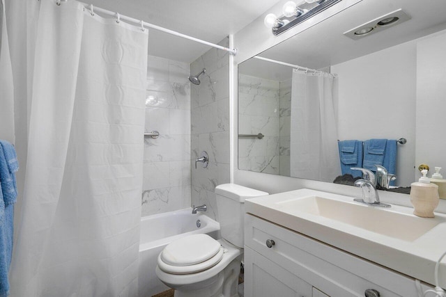 full bathroom with vanity with extensive cabinet space, toilet, and shower / bathtub combination with curtain