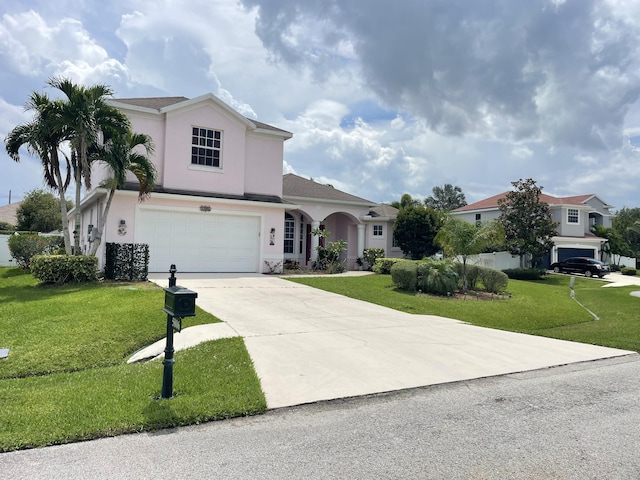 view of front of home with a front yard and a garage