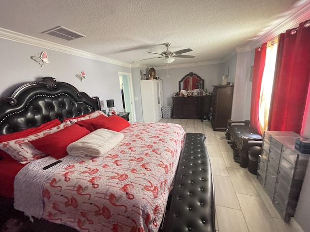 bedroom featuring ceiling fan, ornamental molding, and a textured ceiling