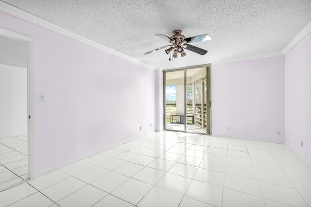 spare room featuring crown molding, light tile patterned flooring, a textured ceiling, and ceiling fan