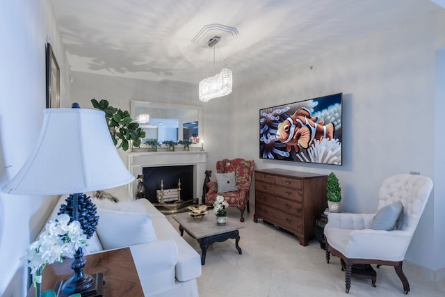 tiled living room with an inviting chandelier