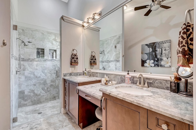 bathroom with dual bowl vanity, an enclosed shower, ceiling fan, and tile floors