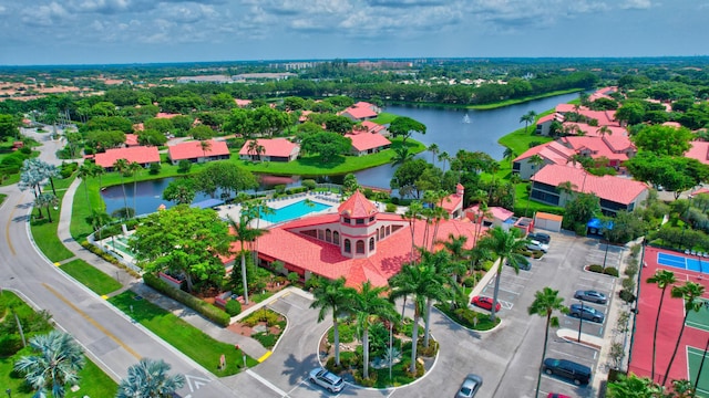 bird's eye view with a water view