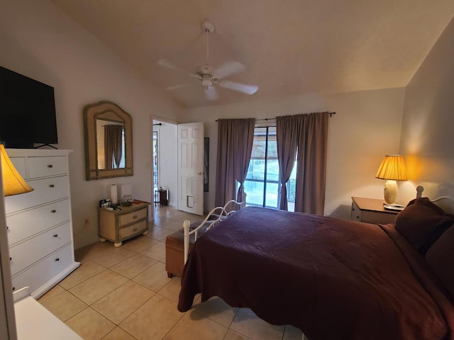 tiled bedroom featuring vaulted ceiling, ceiling fan, and access to exterior