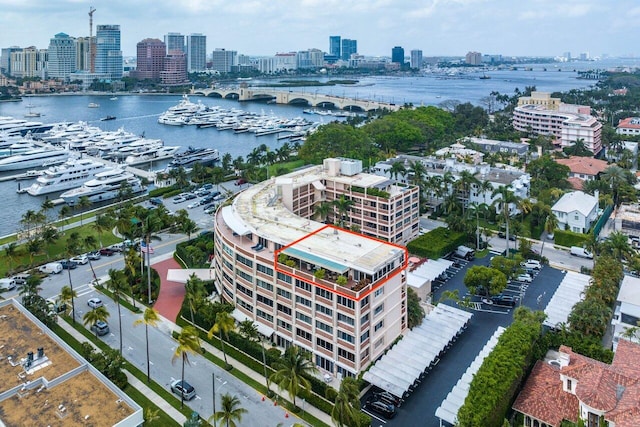 aerial view featuring a water view