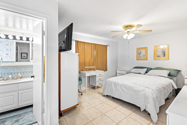 bedroom with ceiling fan and light tile floors