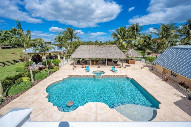 view of pool with a gazebo, a lawn, and a patio