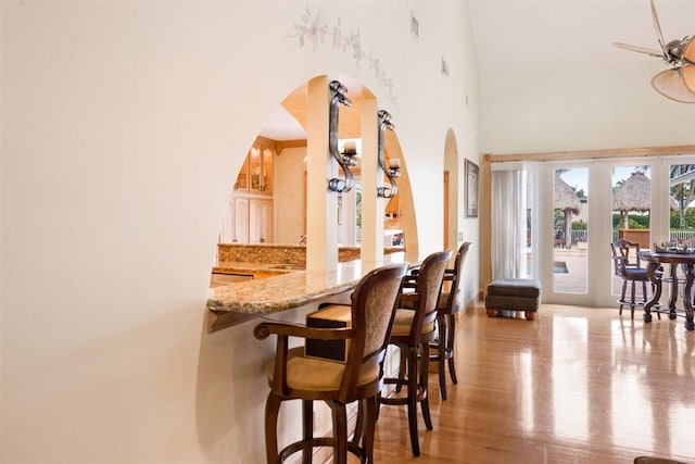 interior space with ceiling fan, light hardwood / wood-style flooring, a towering ceiling, and sink