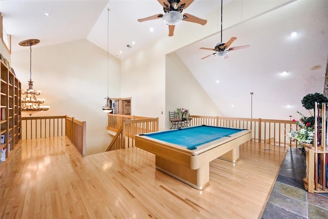 playroom with light hardwood / wood-style flooring, pool table, ceiling fan, and high vaulted ceiling