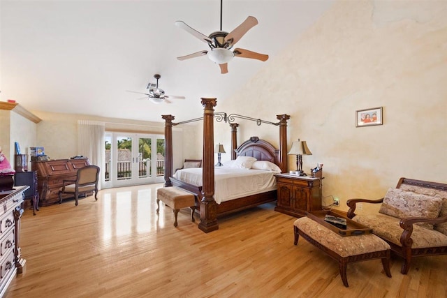 bedroom with access to outside, ceiling fan, light wood-type flooring, and french doors