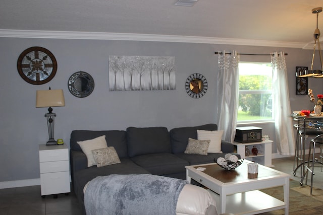 living room with crown molding