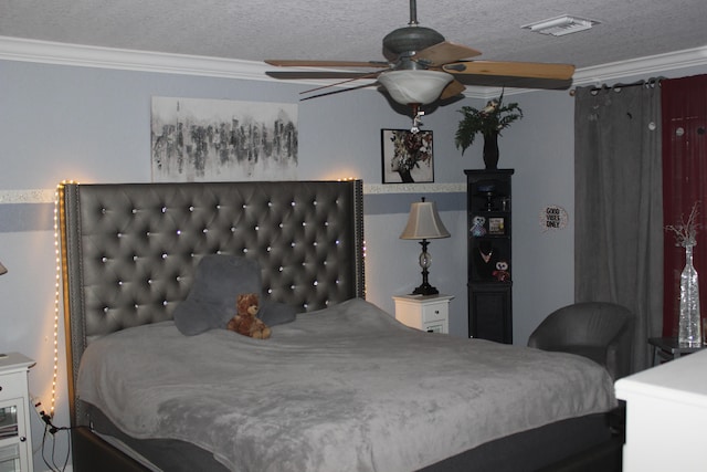 bedroom with ornamental molding, a textured ceiling, and ceiling fan