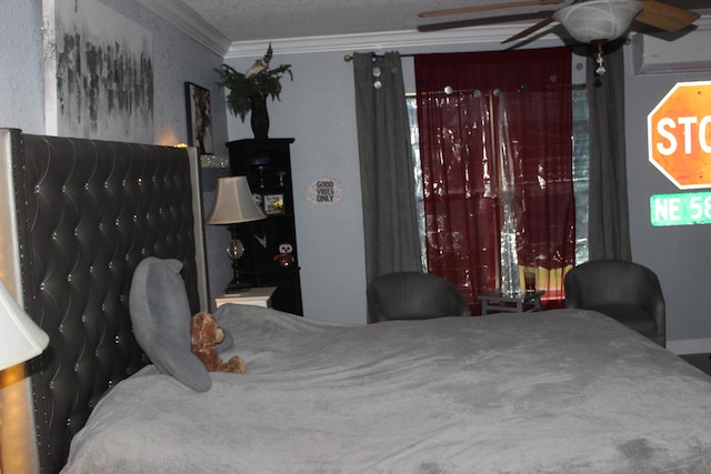 bedroom featuring ceiling fan and ornamental molding