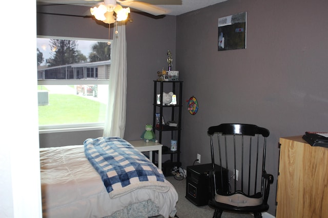 bedroom featuring carpet flooring and ceiling fan