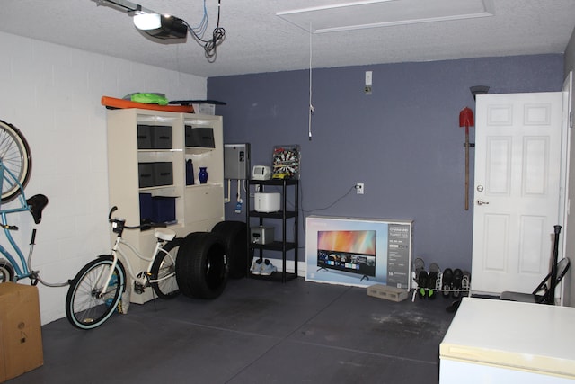 garage with a fireplace and a garage door opener