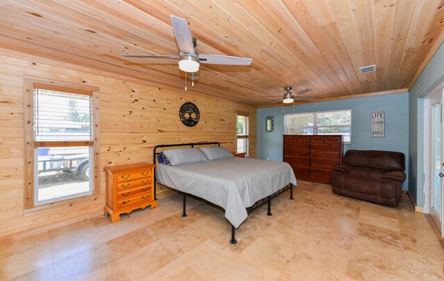 bedroom with ceiling fan, wooden walls, and wood ceiling