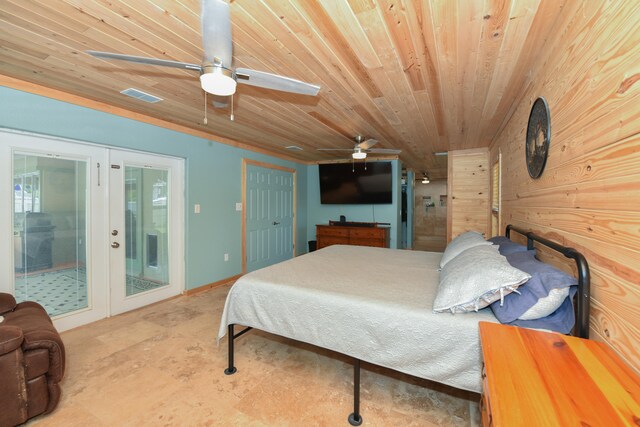 bedroom with wood ceiling, ceiling fan, access to exterior, and french doors