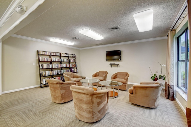 living area with a wealth of natural light, crown molding, and a textured ceiling