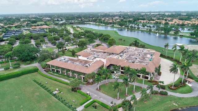 drone / aerial view with a water view