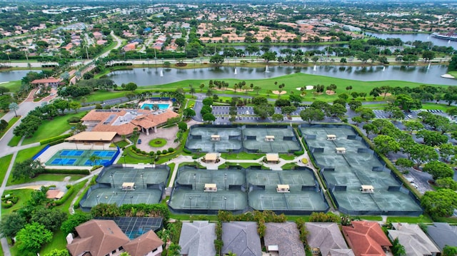 birds eye view of property featuring a water view