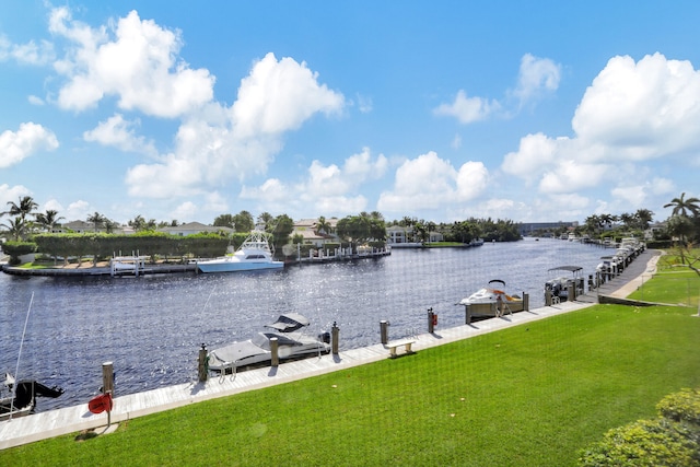 view of water feature with a dock