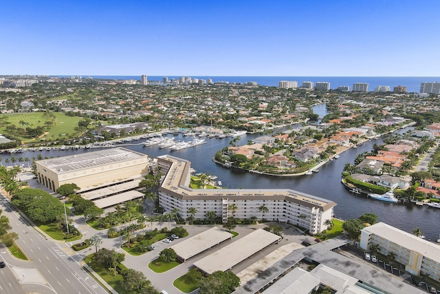 bird's eye view with a water view