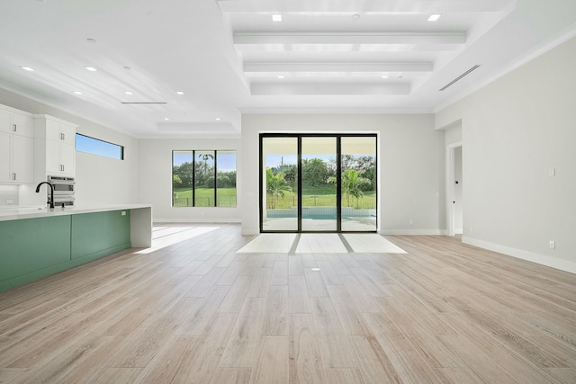 unfurnished living room with sink, a raised ceiling, light hardwood / wood-style floors, and crown molding