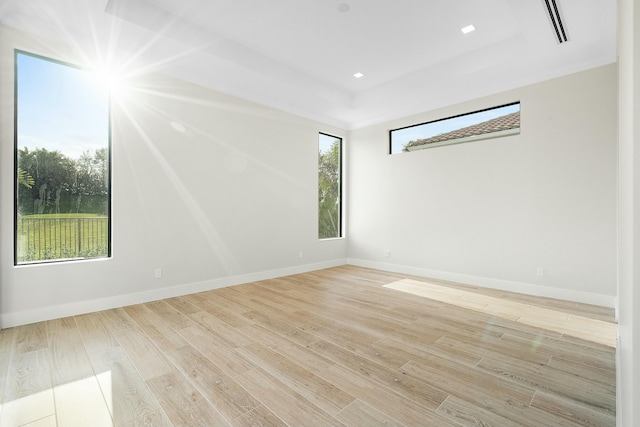 unfurnished room featuring light hardwood / wood-style floors and a tray ceiling