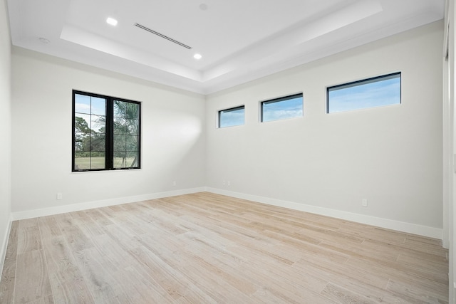 spare room with light hardwood / wood-style floors and a tray ceiling