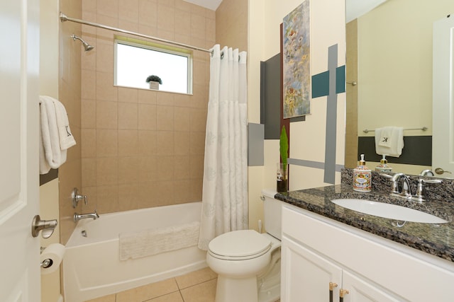 full bathroom featuring shower / bath combination with curtain, tile floors, oversized vanity, and toilet