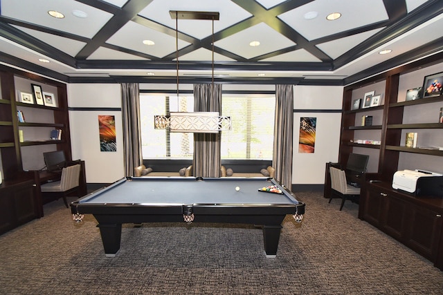 playroom featuring dark carpet, coffered ceiling, and pool table