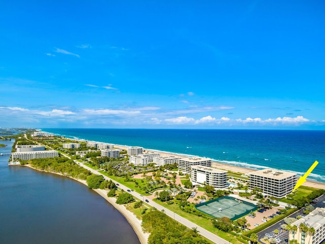 aerial view featuring a water view