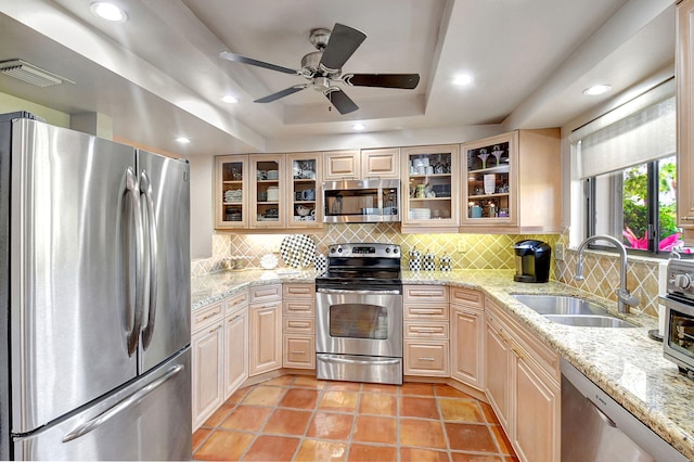 kitchen with sink, a raised ceiling, stainless steel appliances, light stone countertops, and decorative backsplash