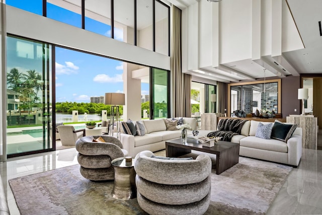 living area featuring a high ceiling