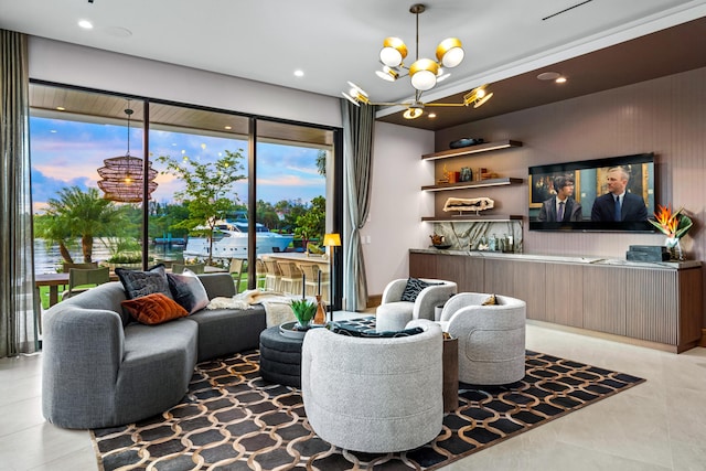 living room featuring an inviting chandelier