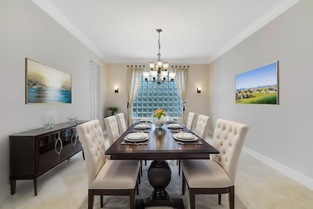 carpeted dining area with ornamental molding and a chandelier