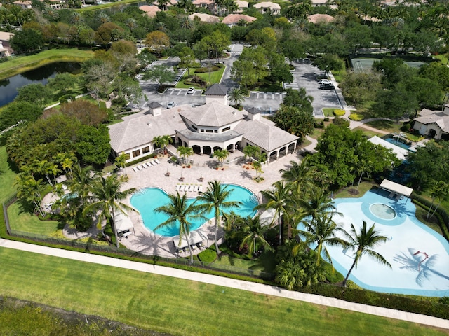 aerial view featuring a water view