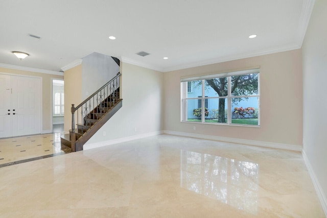 tiled spare room with crown molding