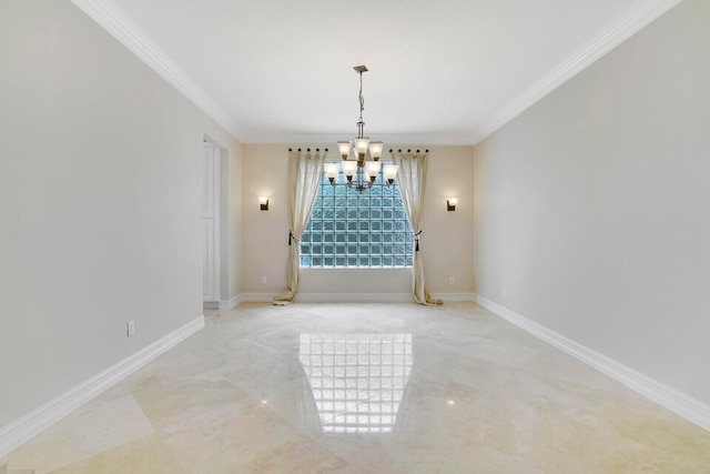 unfurnished room with a chandelier and ornamental molding