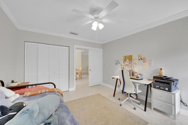 tiled office featuring ceiling fan and ornamental molding