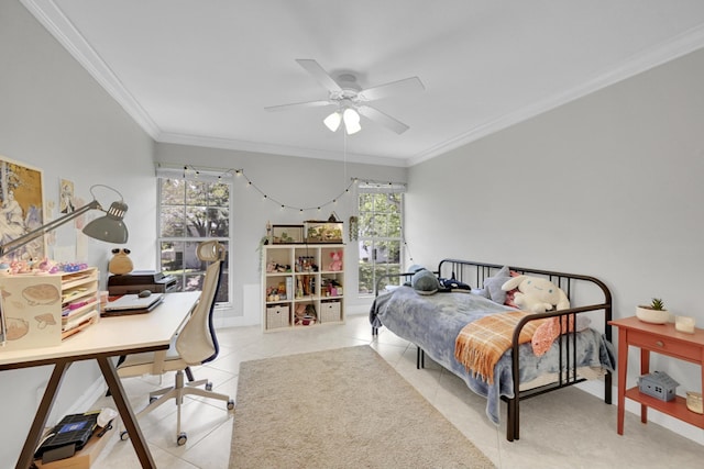 tiled bedroom featuring crown molding, ceiling fan, and multiple windows