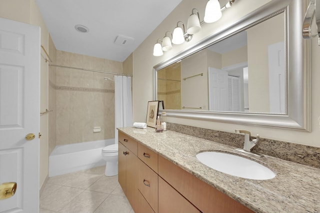 full bathroom with toilet, shower / tub combo, large vanity, and tile flooring